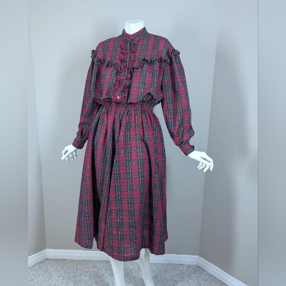 Vintage 80s Plaid Prairie Midi Dress Tartan Ruffle Cottagecore Pockets